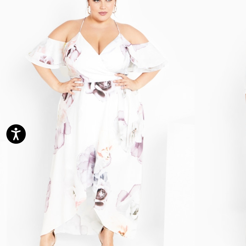 City Chic Asymmetrical White and Purple Sundress with Tie Front
